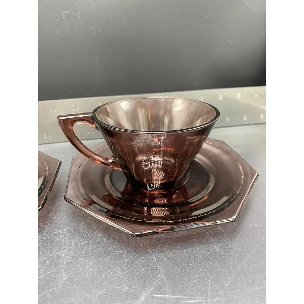 Amethyst Hazel-Atlas Moroccan Depression Glass Cup And Saucer Octagon - Picture 9 of 9
